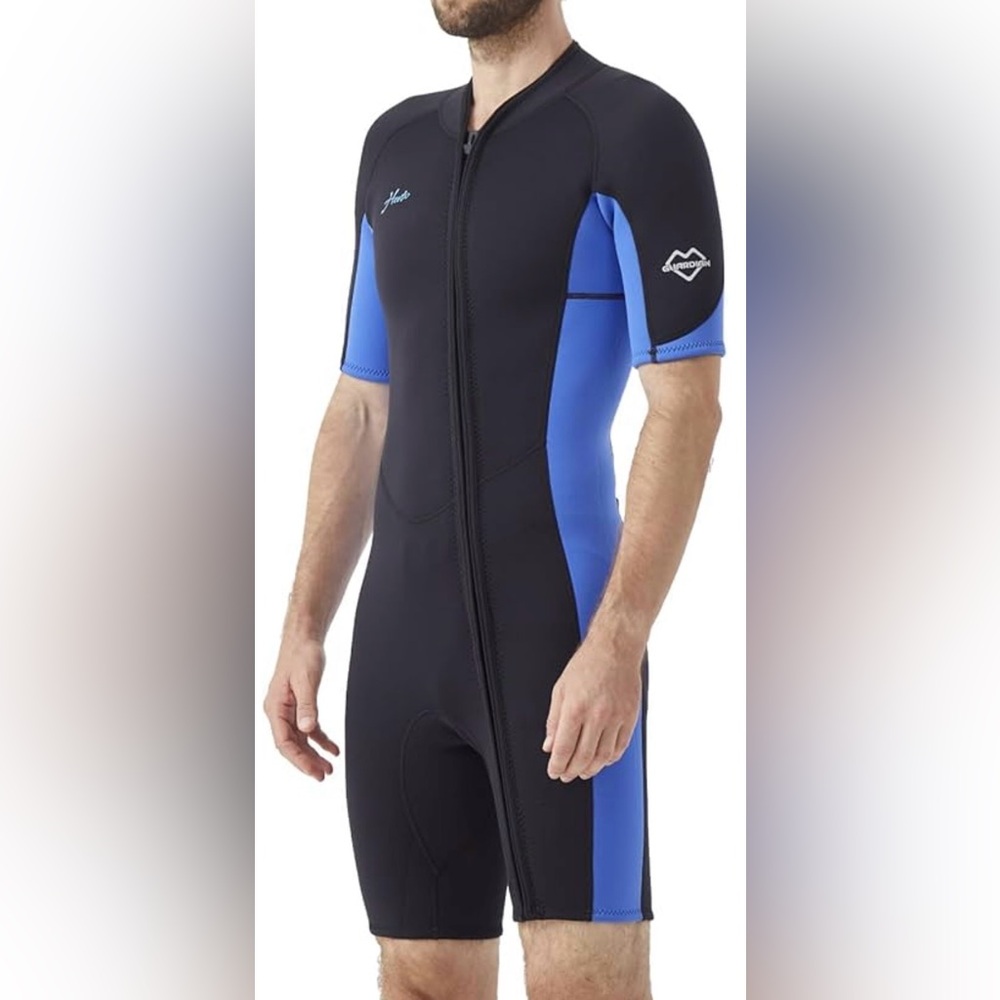 NWT Hevto Mens Blue/Black Shorty Wetsuit 2mm Neoprene Short Wet Suit Frt Zip XL